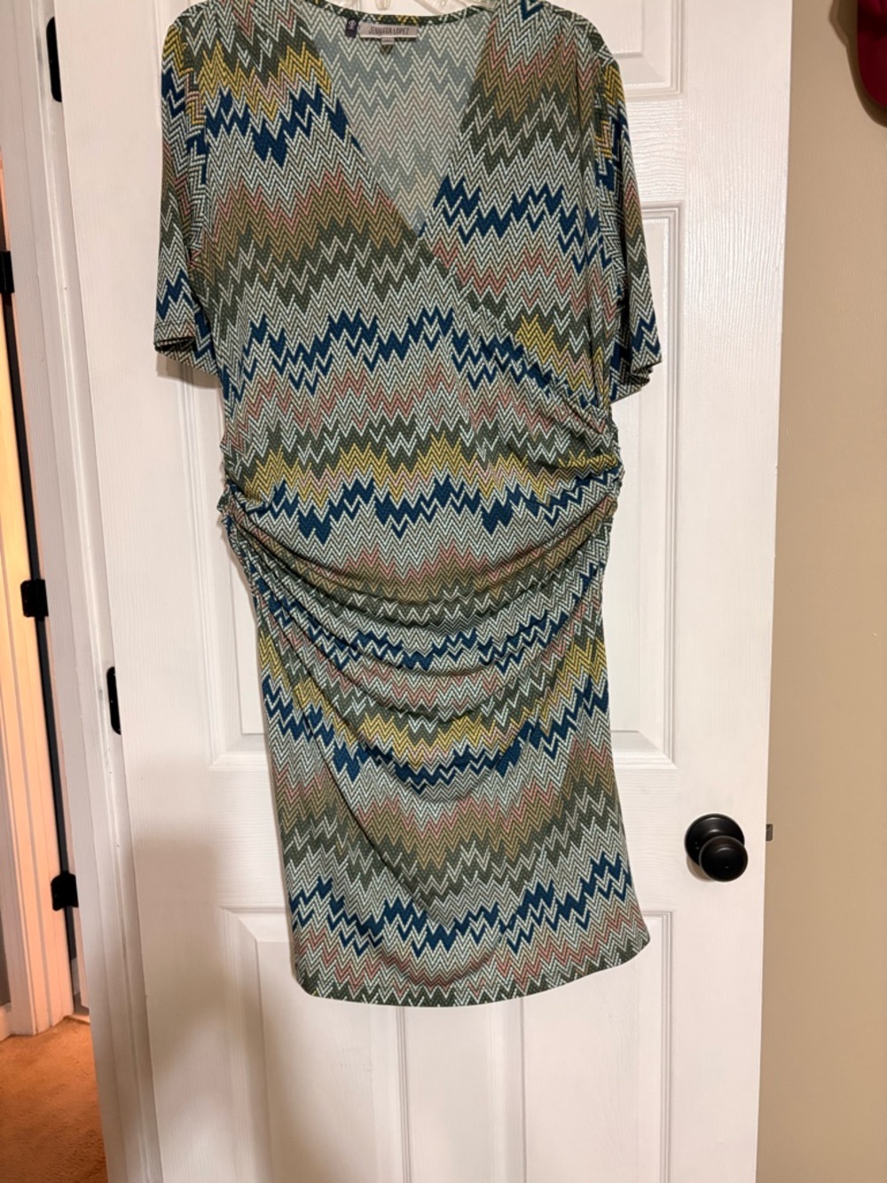 Jennifer Lopez - Dress with Olive, Light Blue & Yellow. Snug fitting!
